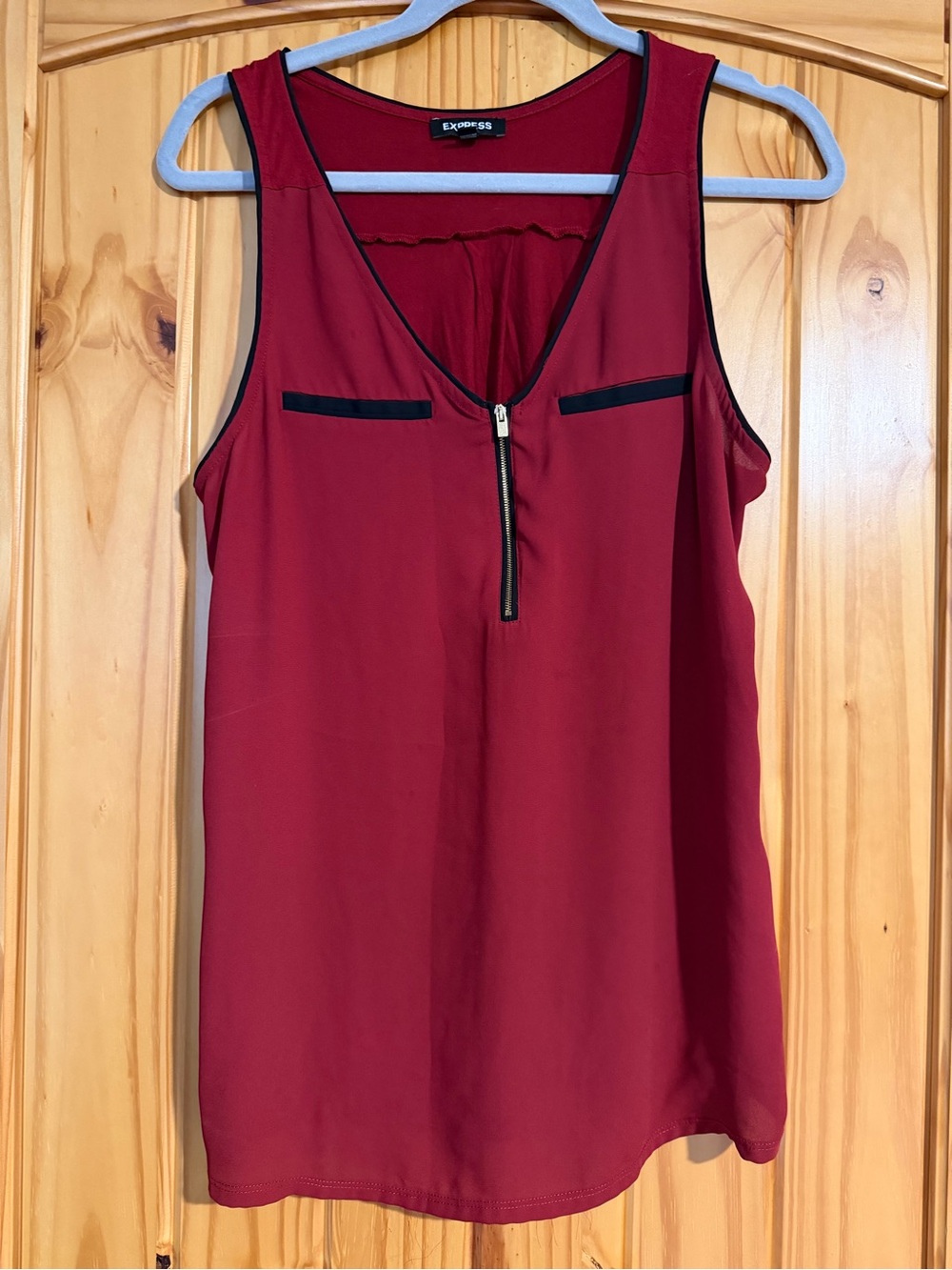 Express Burgundy Sleeveless Zip-Front Tank with Black Trim